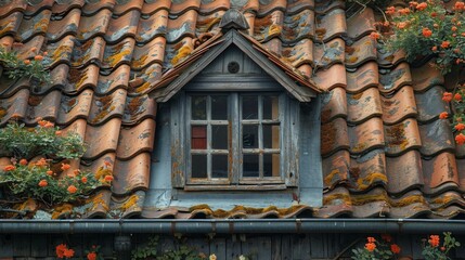 Old dormer window is framed by orange roof tiles with moss and vines growing on them