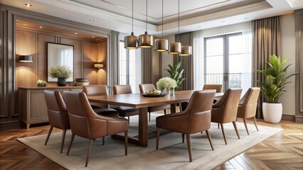 Fototapeta premium Elegant dining room features sleek wood table, modern leather chairs, and subtle decorative accents amidst a neutral color palette.