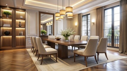 Fototapeta premium Elegant dining room features sleek wooden table, high-backed chairs, and minimalist decorative accents amidst warm, creamy lighting ambiance.