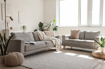 Interior of light living room with grey sofas, window and houseplant