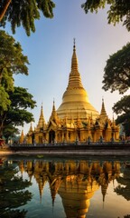 Fototapeta premium Golden Pagoda Reflected in Water at Sunset.