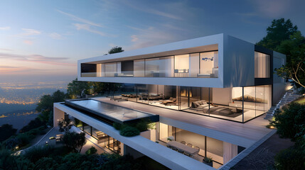 Fototapeta premium Contemporary hilltop villa at dusk: Floor-to-ceiling windows, cantilevered decks, a sleek infinity pool, landscaped terraces, and city lights below
