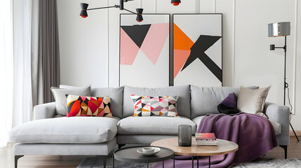 Contemporary living room featuring a Scandinavian-style gray sofa, vibrant geometric cushions, a soft lavender blanket, and a minimalist black chandelier