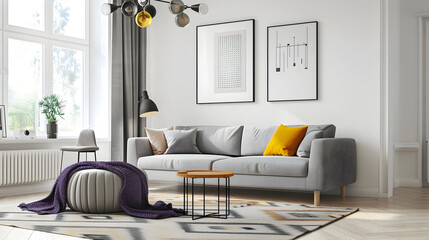 Contemporary living room featuring a Scandinavian-style gray sofa, vibrant geometric cushions, a soft lavender blanket, and a minimalist black chandelier