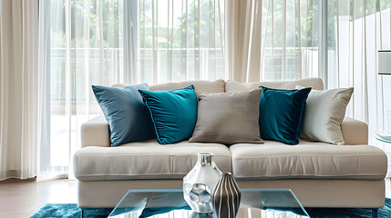 Contemporary living room with a beige sofa and teal cushions, sheer white curtains billowing from the open window, and a stylish glass coffee table