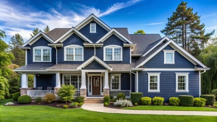 A serene suburban scenery featuring a majestic navy blue house with white trim and lush greenery surrounding its exterior.