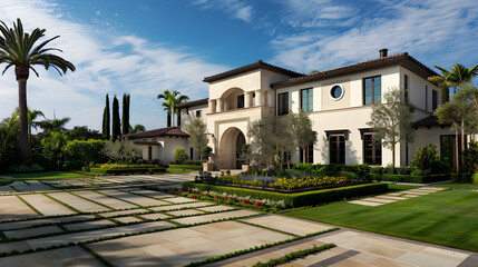 Obraz premium Contemporary luxury home exterior in neutral tones, surrounded by manicured gardens, under a clear blue sky with soft cloud cover.