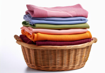 Wicker basket full of colorful clothes isolated. Wicker basket with a stack of colorful clothes on a white background. Clean, folded, stacked clothes in a wicker basket isolated