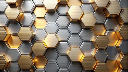 Modern metallic hexagonal patterned abstract background with silver and gold tones, perfect for technology or futuristic themed designs.