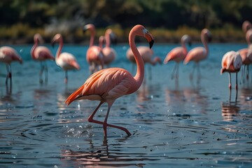 A group of pink african flamingo birds walking around a blue lagoon