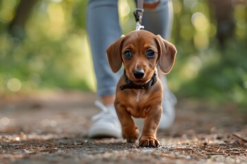 A brown Welsh corgi walking on a leash along the streets of the park with its owner.