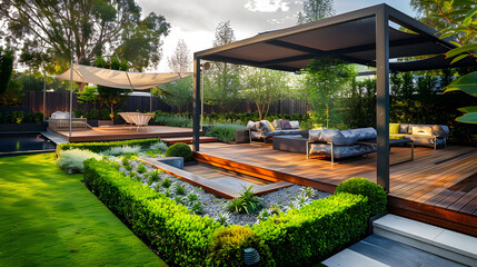 Contemporary outdoor area with a composite deck, modular seating, a metal pergola with shade sails, and a manicured garden, ideal for relaxation
