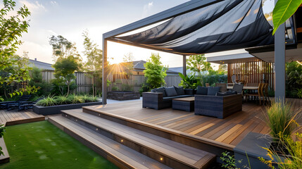 Contemporary outdoor area with a composite deck, modular seating, a metal pergola with shade sails, and a manicured garden, ideal for relaxation