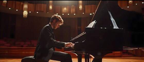 A pianist performing passionately on the grand piano in a famous competition.