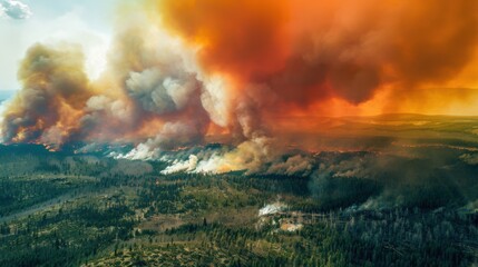 Fototapeta premium Aerial View of Wildfire in National Park: Dramatic Plumes and Fire