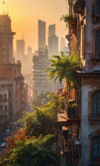 Fototapeta premium Urban Oasis A Balcony with Palm Trees and Cityscape at Sunset.