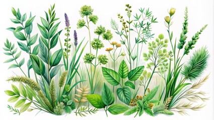 Fototapeta premium Vibrant watercolor illustration of diverse green grasses, wild herbs, and plant twigs on a clean white background, showcasing delicate details.