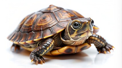 Obraz premium Adorable small turtle with brown shell and bright curious eyes sitting on a pristine pure white studio background solitary.