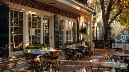 Cozy caf?(C) with a red brick facade, large windows, and outdoor seating in a charming village