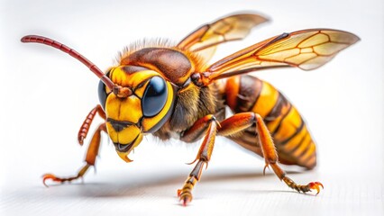 Fototapeta premium Fearsome giant hornet, Vespa mandarinia, with orange and yellow striped body, menacingly perched on pristine white background, showcasing intimidation.
