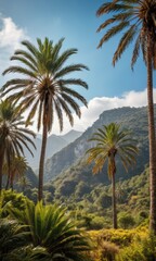 Palm Trees Against Mountain Range Landscape.