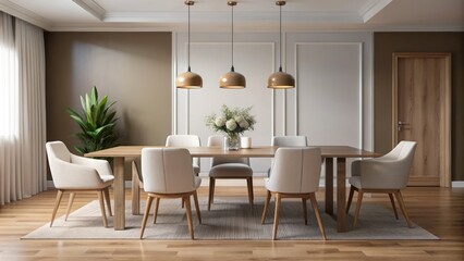 Elegant, modern dining room featuring sleek wood table, white chairs, and subtle decorative accents against a neutral background tone.