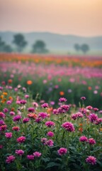 Obraz premium Pink Flowers in a Field at Sunset.
