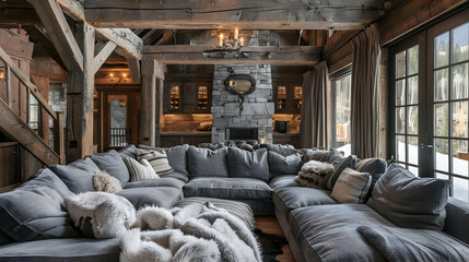 Cozy gray sectional with soft throws in a rustic cabin's living room, surrounded by wooden beams, a stone fireplace, and ambient lighting