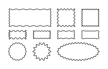 Set of circular and square frames with wavy and zigzag edges. Rectangular and round shapes with curved and jagged edges isolated on white background. Vector graphic illustration