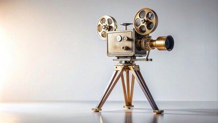 Obraz premium Vintage cinematic device stands alone on pristine white, evoking nostalgia for golden age of filmmaking, iconic festival celebrations.