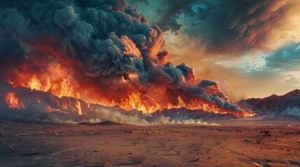 Blazing Wildfire Ravaging Arid Desert - Environmental Disaster Concept