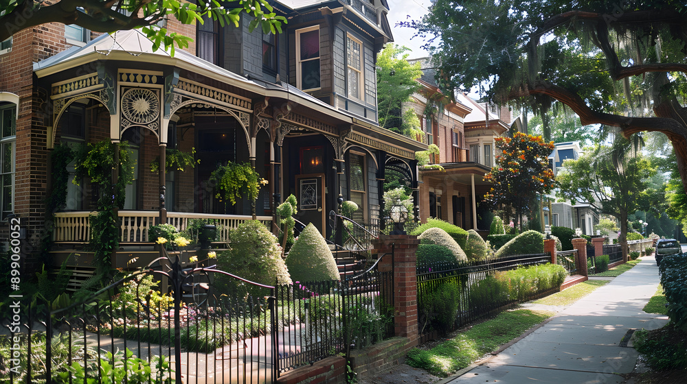 Wall mural cozy victorian townhouses with charming gardens and wrought iron fences in a picturesque neighborhoo