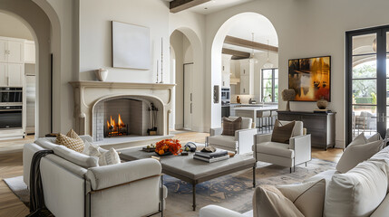 Cozy transitional living room in a new luxury home with a grand fireplace and a glimpse of the gourmet kitchen through an arched entryway.