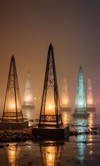 Obraz premium Illuminated Pyramids Reflecting in Water at Dusk.