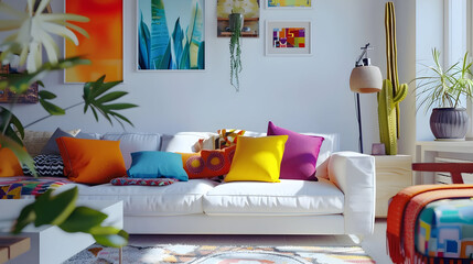 Cozy white living room with colorful decor, featuring a plush sofa, vibrant throw pillows, and eclectic artwork