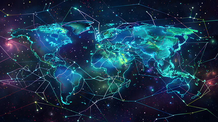 Futuristic World Map with Glowing Neon Lines and Global Connections Against a Dark Starry Background.