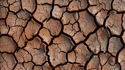 High-resolution pattern of cracked dry earth, displaying the unique structure and complex network of fissures and the varied shades of brown and gray
