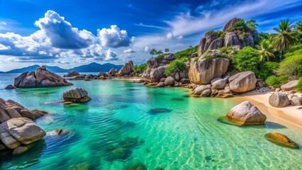 Obraz premium Vibrant turquoise water laps against exotic rock formations on a secluded, picturesque tropical beach in southern Vietnam's coastal paradise.