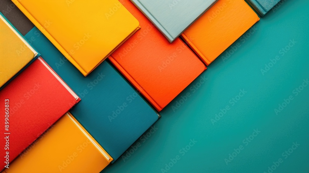 Poster vibrant and geometric arrangement of colorful folders on a table surface for a modern and organized 