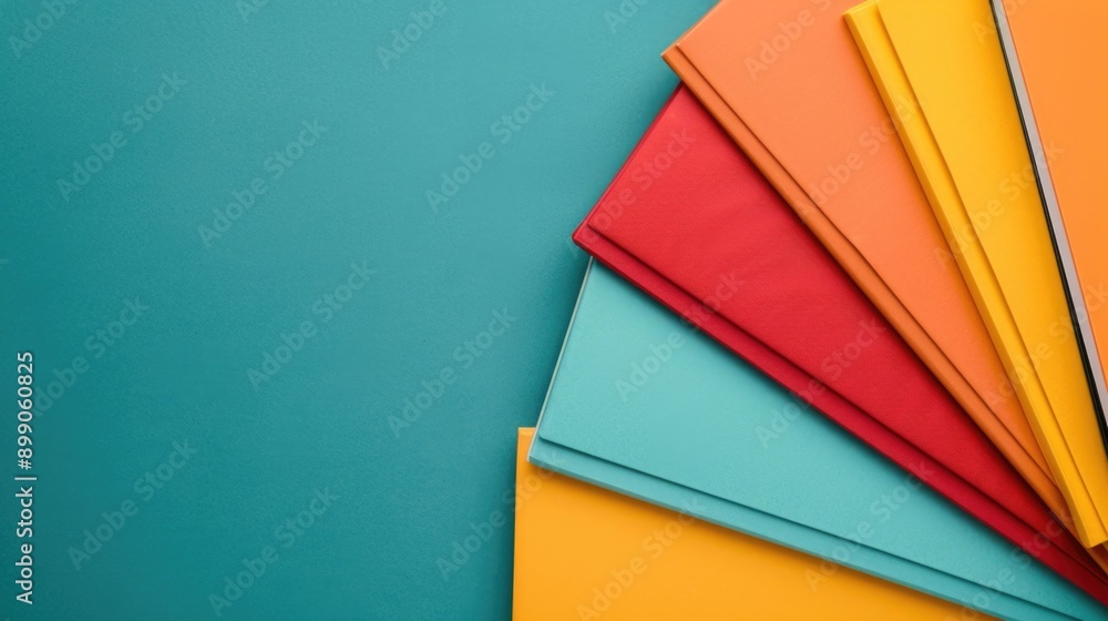 Poster flat lay composition of various colored office document folders papers and other stationery items ar