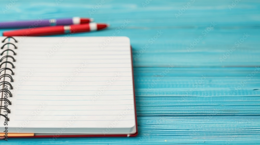 Poster flat lay composition of school planners notebooks and assorted colorful pens on a turquoise blue woo