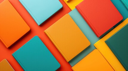 Flat lay arrangement of various colored folders and files in a modern minimalist composition  The folders are displayed in a symmetrical organized pattern showcasing their vibrant colors textures