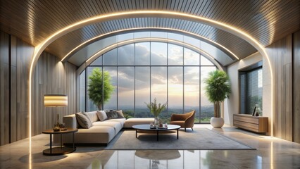 Sleek modern interior features arched window flooding room with natural light, floating ceiling with subtle illumination, and elegant abstract sculpture.