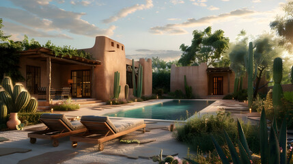 Desert retreat with adobe architecture, cacti garden, and a refreshing pool under the warm glow of a setting sun
