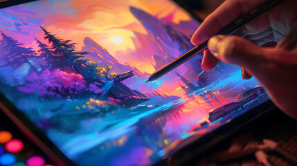 Digital artist creating a vibrant landscape on a tablet, the screen glowing with rich colors of a sunset, close view