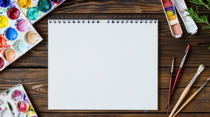 Flatlay composition of various paint sets brushes and a blank canvas setup on a wooden table providing a creative and workspace for DIY enthusiasts to explore their talents and self expression