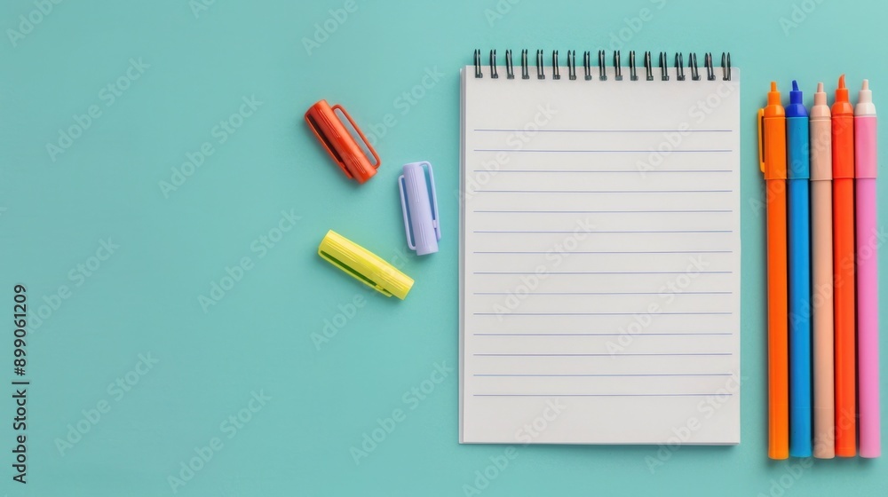 Poster flat lay of various office and school supplies including whiteboard dry erase markers notebook and c