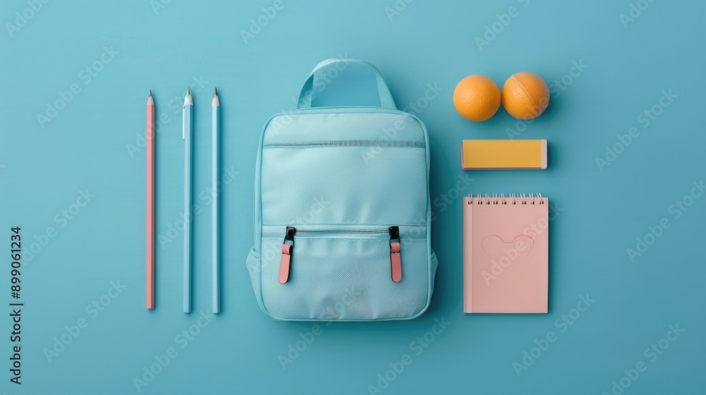 Poster flat lay composition of various school themed items including pencils notebook backpack and other st