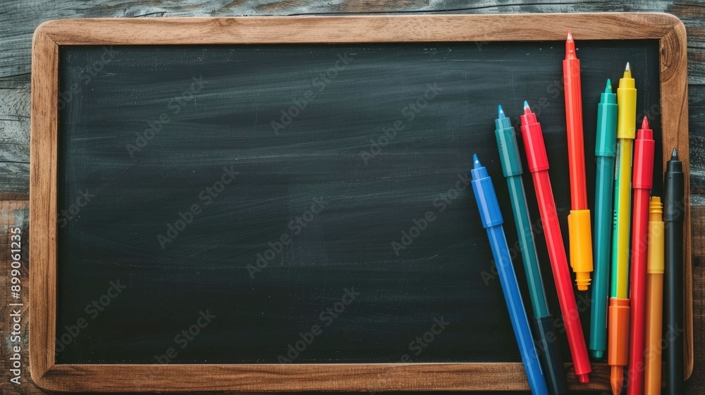 Poster flat lay of chalkboards and dry erase markers with deep depth of field in a professional office or c