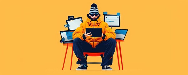 Digital isolation, person with multiple devices, flat design illustration